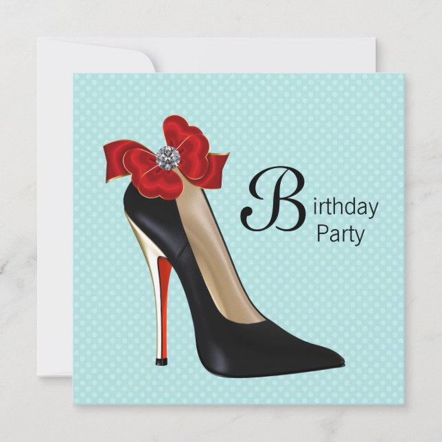 Invitación Fiesta de cumpleaños de zapatos de tacón azul rojo (Anverso)