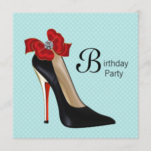 Invitación Fiesta de cumpleaños de zapatos de tacón azul rojo