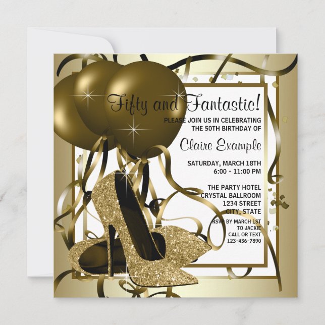 Invitación Fiesta de cumpleaños de zapatos de tacón de oro bl (Anverso)
