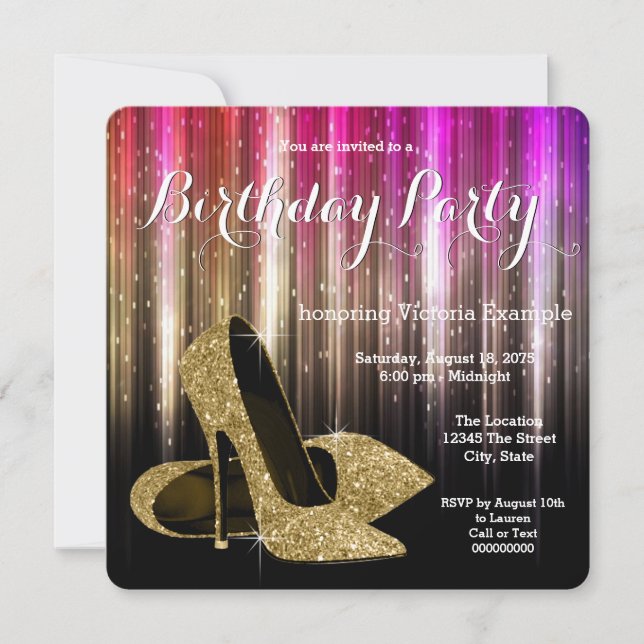 Invitación Fiesta de Cumpleaños de Zapatos de Tacón Glam (Anverso)