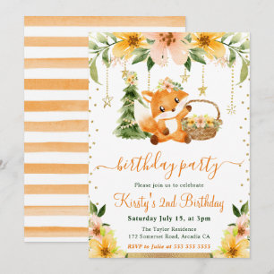 Invitación Fiesta de Cumpleaños de Zorro del Bosque Floral de