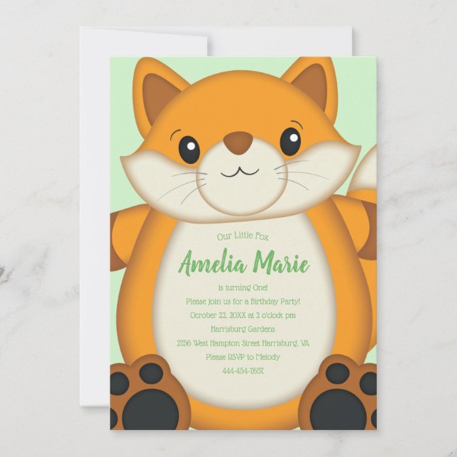 Invitación Fiesta de Cumpleaños de Zorro Verde (Anverso)