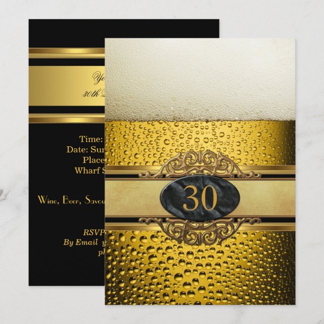 Invitación Fiesta de cumpleaños del 30º Mans Beer Black Gold (Anverso / Reverso)