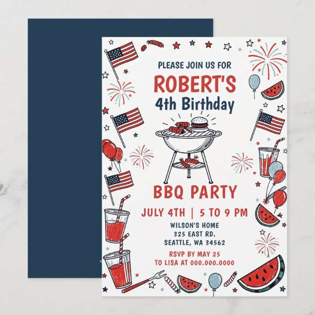 Invitación Fiesta de cumpleaños del 4 de julio con barbacoa d (Anverso / Reverso)