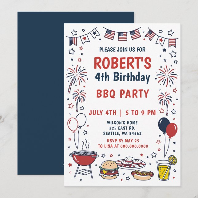Invitación Fiesta de cumpleaños del 4 de julio con barbacoa d (Anverso / Reverso)