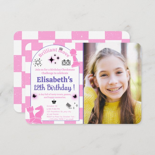 Invitación Fiesta de cumpleaños del ajedrez rosado para Chica (Anverso / Reverso)