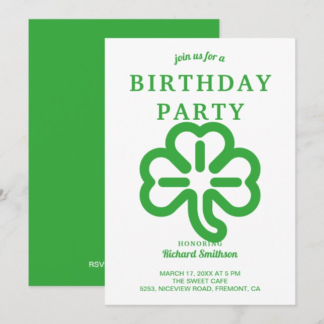 Invitación Fiesta de cumpleaños del amante verde del Día de S (Anverso / Reverso)
