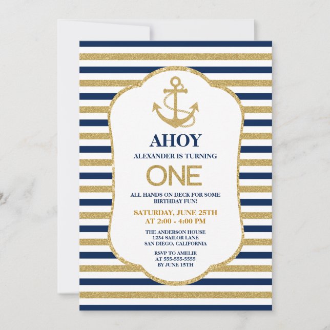 Invitación Fiesta de cumpleaños del Ancla de Oro Azul de la M (Anverso)