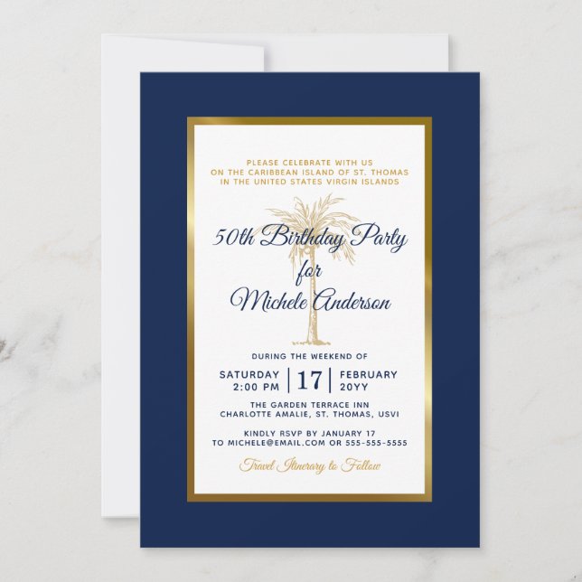 Invitación Fiesta de Cumpleaños del Árbol de Palma Dorado Azu (Anverso)