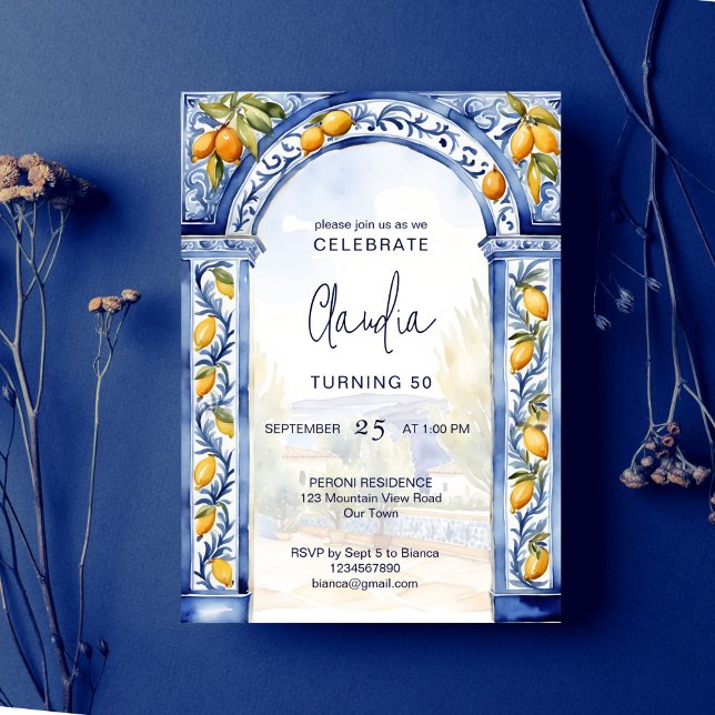 Invitación Fiesta de cumpleaños del arco de azulejos azules i (Italian Blue tiles arch lemons birthday party editable template Invitation digital download)