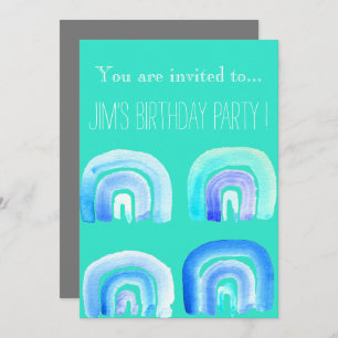 Invitación Fiesta de cumpleaños del arco iris azul retro