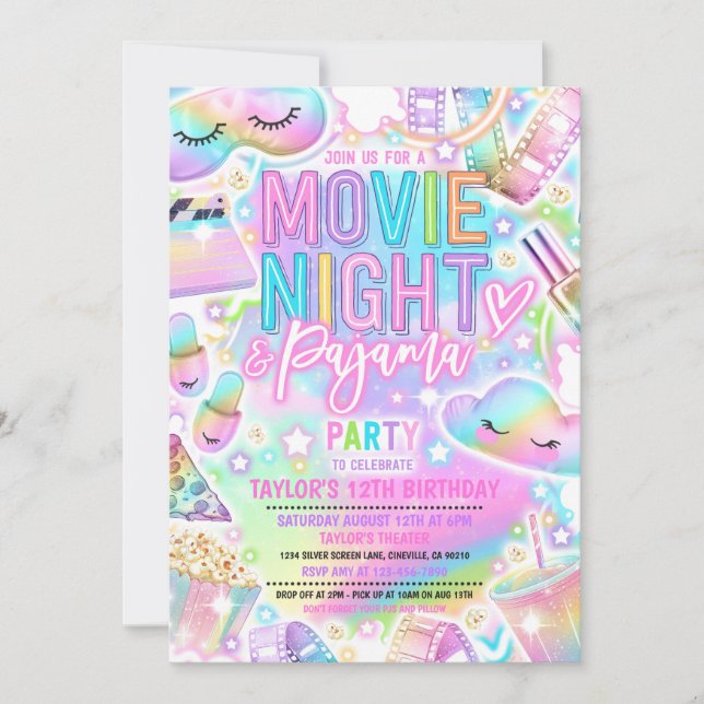 Invitación Fiesta de cumpleaños del arcoiris de la noche de l (Anverso)