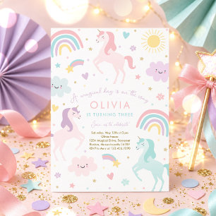Invitación Fiesta de cumpleaños del arcoíris del unicornio pa