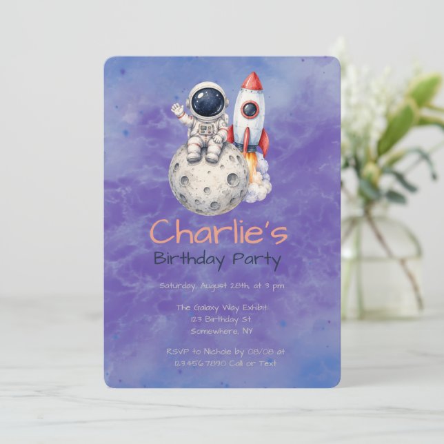 Invitación Fiesta de cumpleaños del astronauta de acuarela es (Anverso de pie)