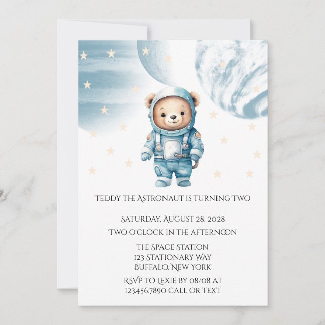 Invitación Fiesta de cumpleaños del astronauta de Oso de Tedd (Anverso)