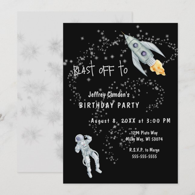 Invitación Fiesta de cumpleaños del astronauta espacial Blast (Anverso / Reverso)