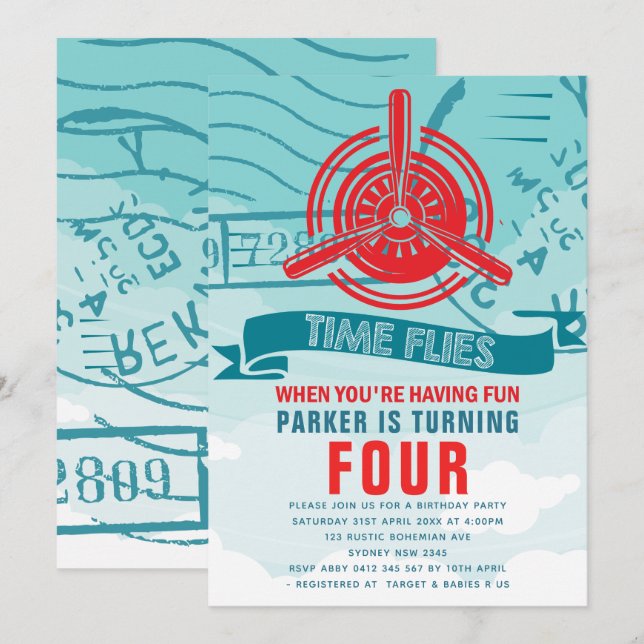 Invitación Fiesta de cumpleaños del avión (Anverso / Reverso)