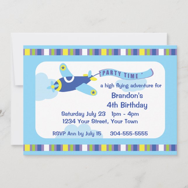 Invitación Fiesta de cumpleaños del avión (Anverso)