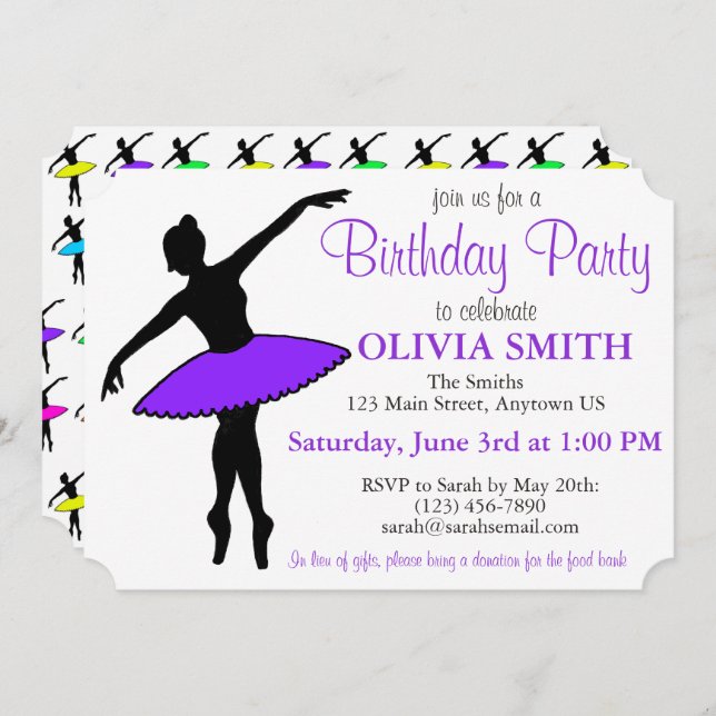 Invitación Fiesta de cumpleaños del bailarín de ballet Purple (Anverso / Reverso)