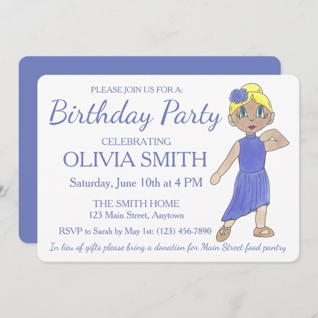 Invitación Fiesta de cumpleaños del bailarín lirico y moderno (Anverso / Reverso)