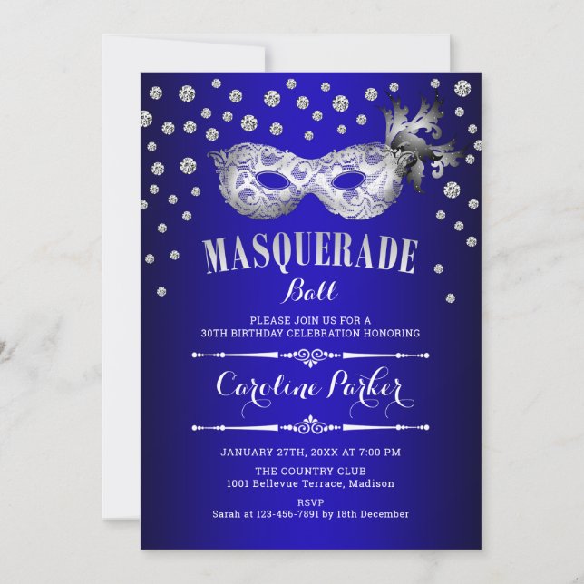 Invitación Fiesta de cumpleaños del baile de máscaras azules  (Anverso)