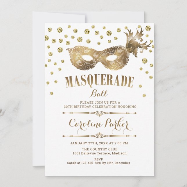 Invitación Fiesta de cumpleaños del baile de máscaras blancas (Anverso)