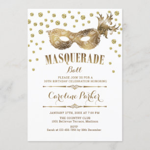 Invitación Fiesta de cumpleaños del baile de máscaras blancas