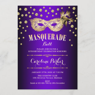 Invitación Fiesta de cumpleaños del baile de máscaras moradas