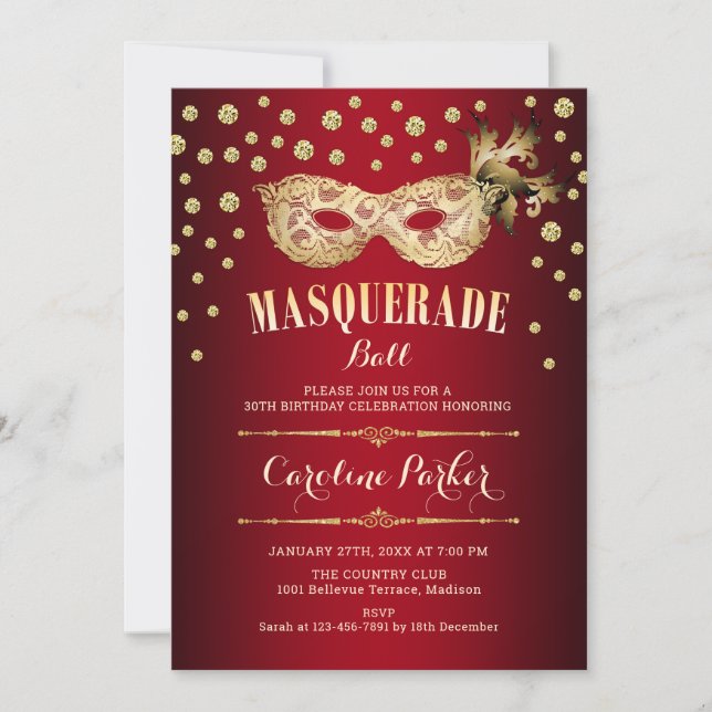 Invitación Fiesta de cumpleaños del baile de máscaras rojas G (Anverso)