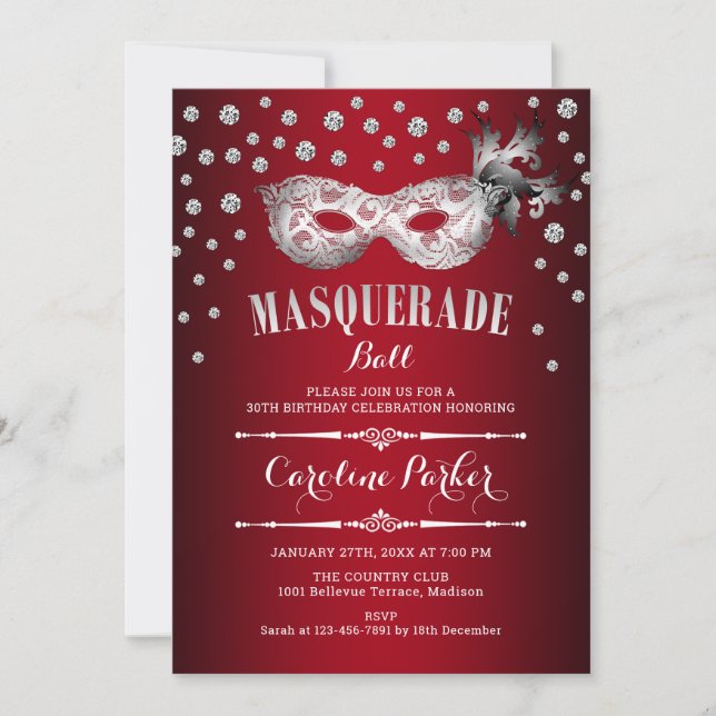 Invitación Fiesta de cumpleaños del baile de máscaras rojas p (Anverso)