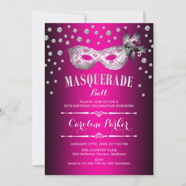 Invitación Fiesta de cumpleaños del baile de máscaras rosadas (Anverso)