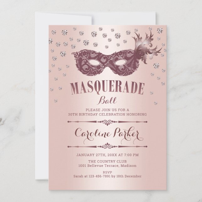 Invitación Fiesta de cumpleaños del baile de máscaras rosadas (Anverso)