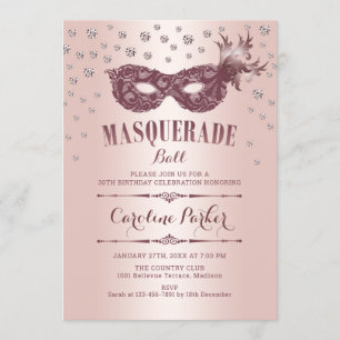 Invitación Fiesta de cumpleaños del baile de máscaras rosadas