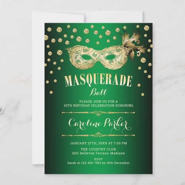 Invitación Fiesta de cumpleaños del baile de máscaras verde o (Anverso)