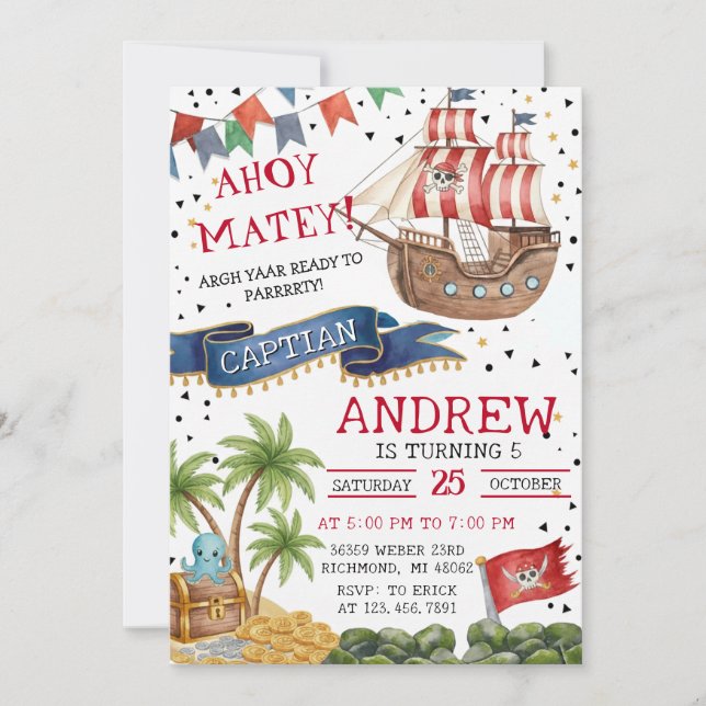 Invitación Fiesta de Cumpleaños del Barco Pirata Ahoy Mateys  (Anverso)