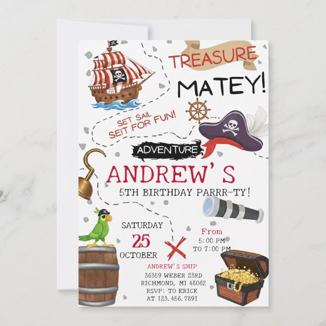 Invitación Fiesta de Cumpleaños del Barco Pirata Ahoy Mateys  (Anverso)
