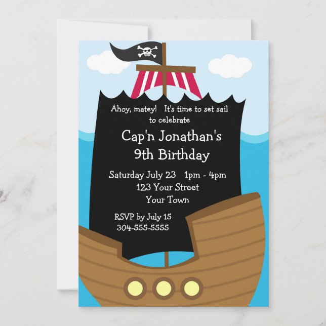 Invitación Fiesta de Cumpleaños del Barco Pirata Infantil (Anverso)