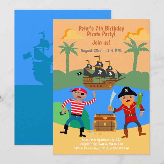 Invitación Fiesta de cumpleaños del barco pirata y del tesoro (Anverso / Reverso)