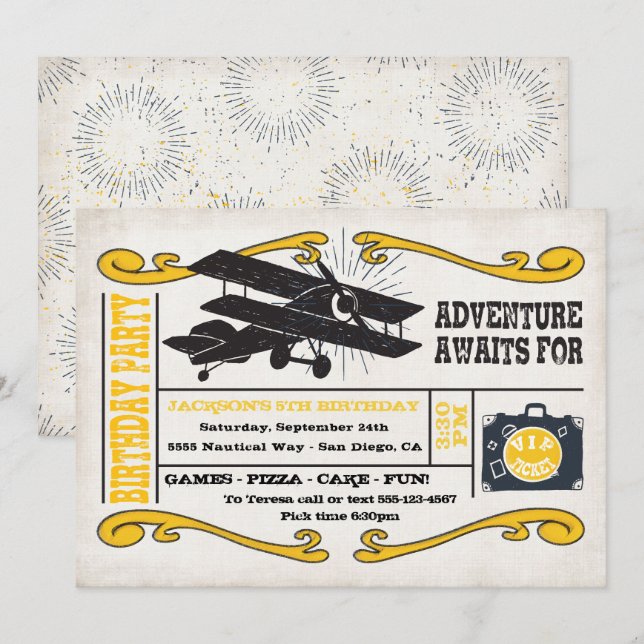 Invitación Fiesta de cumpleaños del billete de avión de avent (Anverso / Reverso)