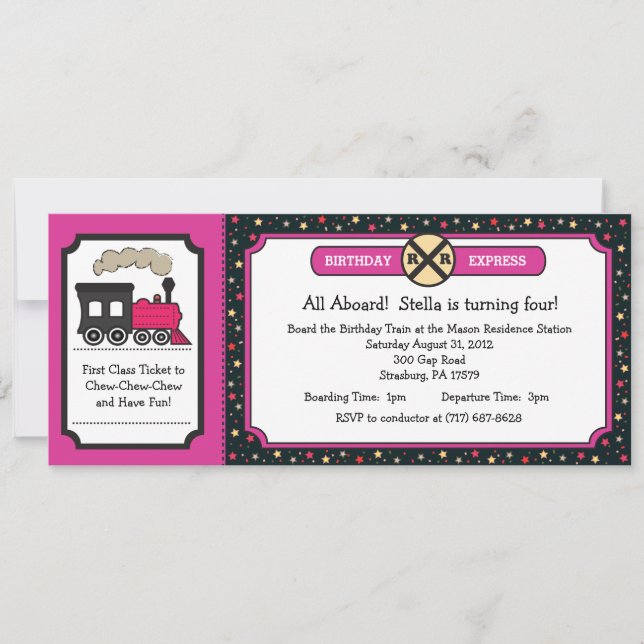 Invitación Fiesta de cumpleaños del billete de tren - Rosa y  (Anverso)