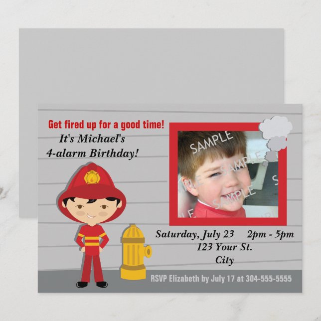Invitación Fiesta de cumpleaños del bombero (Anverso / Reverso)