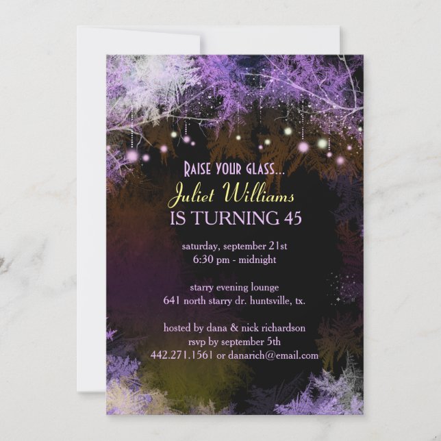 Invitación Fiesta de cumpleaños del bosque Purple Starry (Anverso)