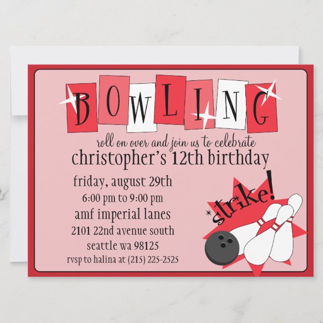 Invitación Fiesta de cumpleaños del Bowling del Retro Red Tot (Anverso)