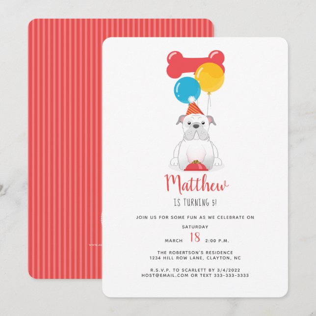 Invitación Fiesta de cumpleaños del bulldog (Anverso / Reverso)