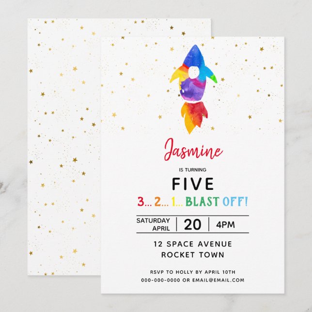 Invitación Fiesta de cumpleaños del buque con cohete arco iri (Anverso / Reverso)