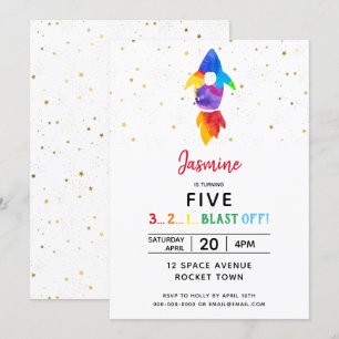 Invitación Fiesta de cumpleaños del buque con cohete arco iri