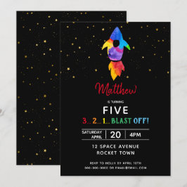 Invitación Fiesta de cumpleaños del buque con cohete arco iri