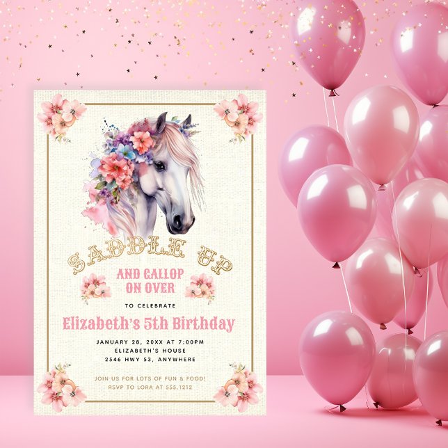 Invitación Fiesta de Cumpleaños del Caballo Blanco Floral Ros (Subido por el creador)