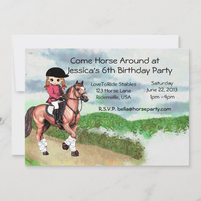 Invitación Fiesta de cumpleaños del caballo del chica (Anverso)