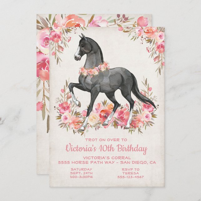 Invitación Fiesta de cumpleaños del caballo floral de Black S (Anverso / Reverso)